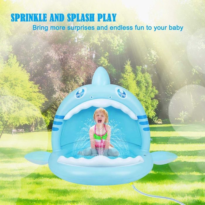 Piscina insuflável para bebés, de tubarão com toldo e pulverizador