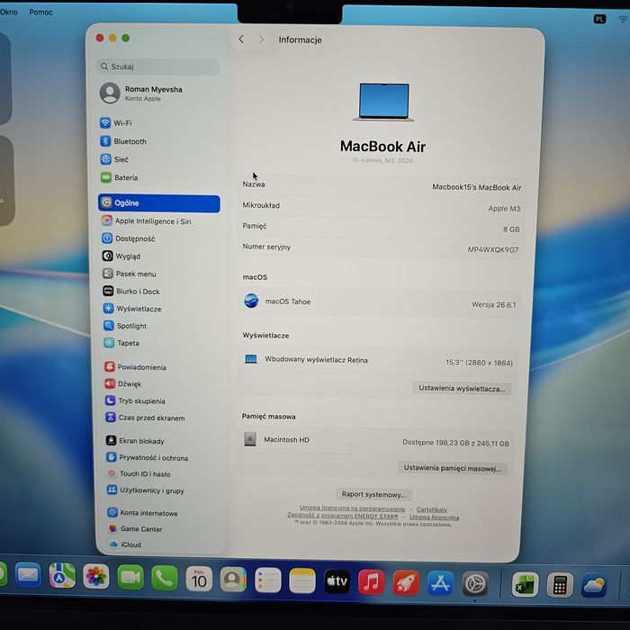 Apple MacBook Air M3, 15,3", 8/256GB, Retina, bateria 98%, tylko Warszawa