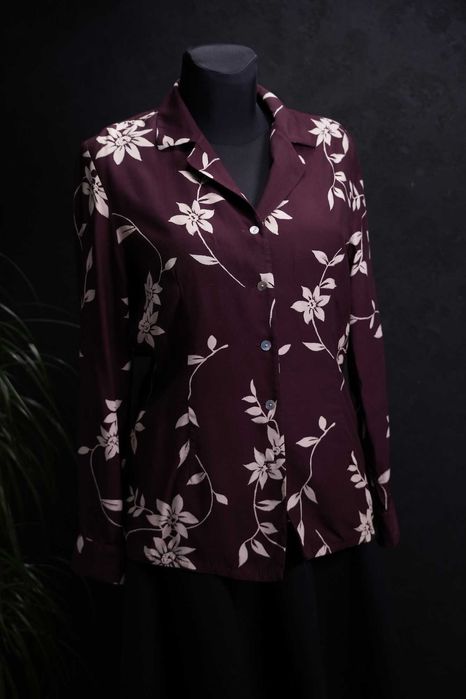 Śliwkowa koszula w białe edelweissy, alpejskie kwiaty – vintage 90s