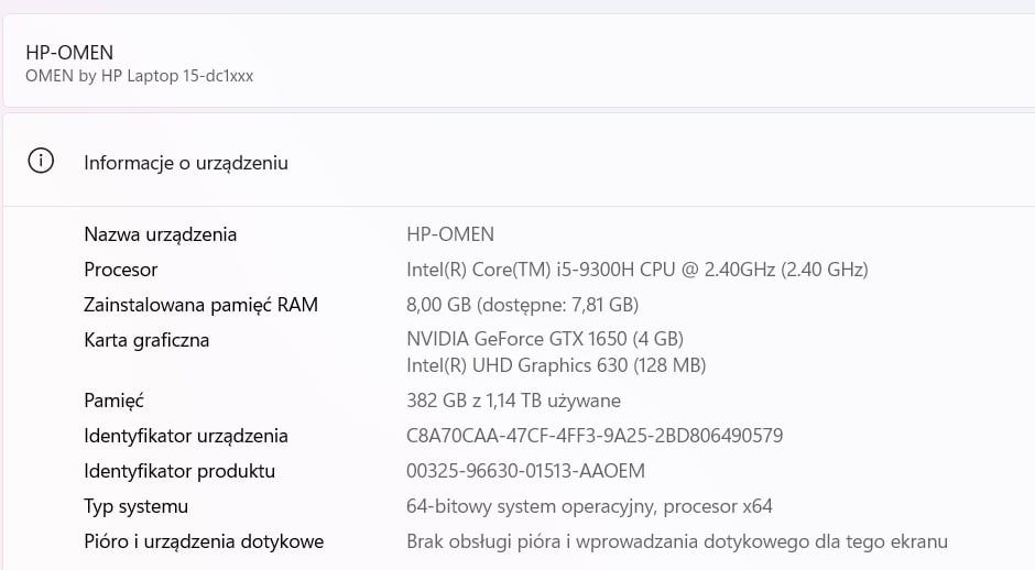 Laptop HP OMEN 15 144Hz i5-9300H, GTX 1650,  8GB RAM,  256GB SSD+1TB HDD