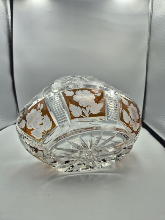 Koszyk kryształowy PRL Bohemia ręcznie szlifowany złocony