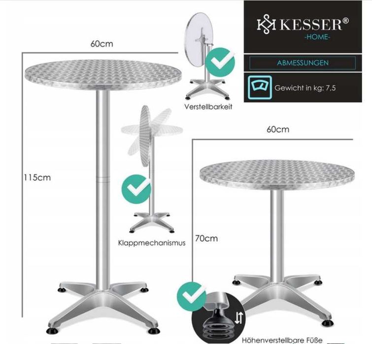 Stół ogrodowy barowy składany regulowana wysokość 60cm KESSER