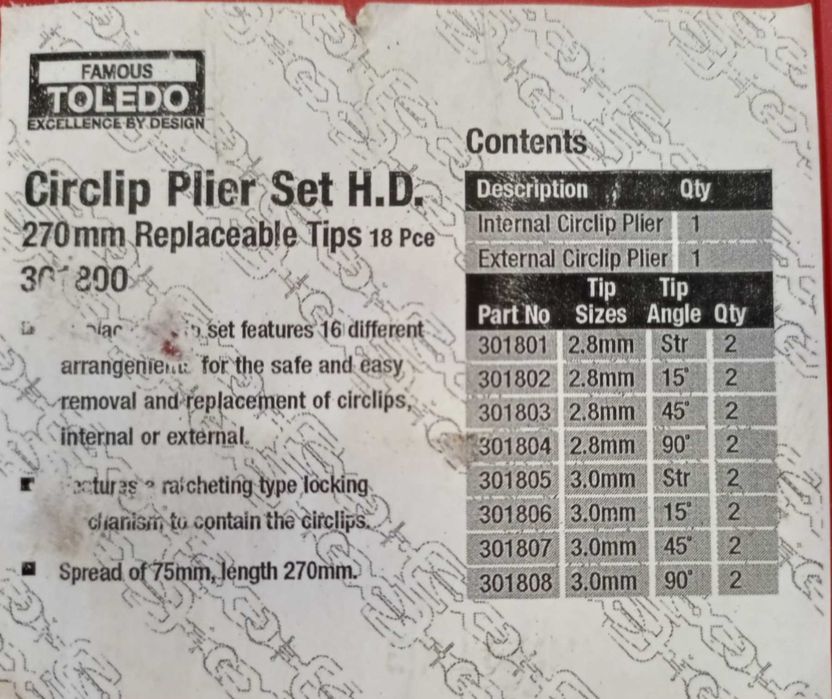 Клещи (набор) для снятия стопорных колец Toledo (США)