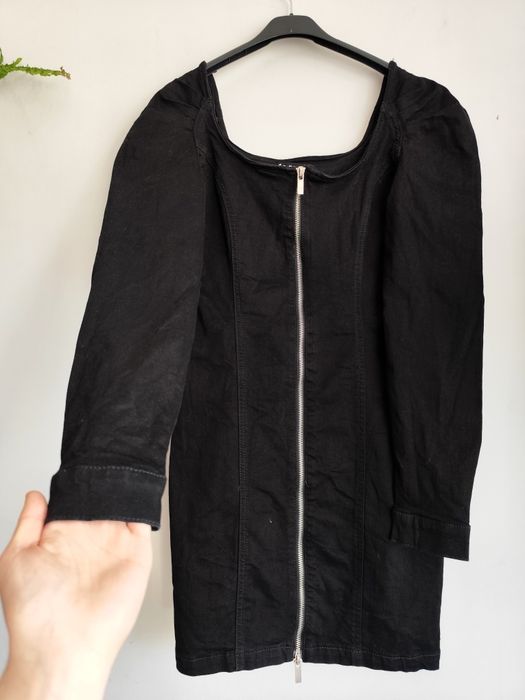 Czarna sukienka jeansowa mini z zamkiem bufki dekolt karo denim Sinsay M 38 grunge goth