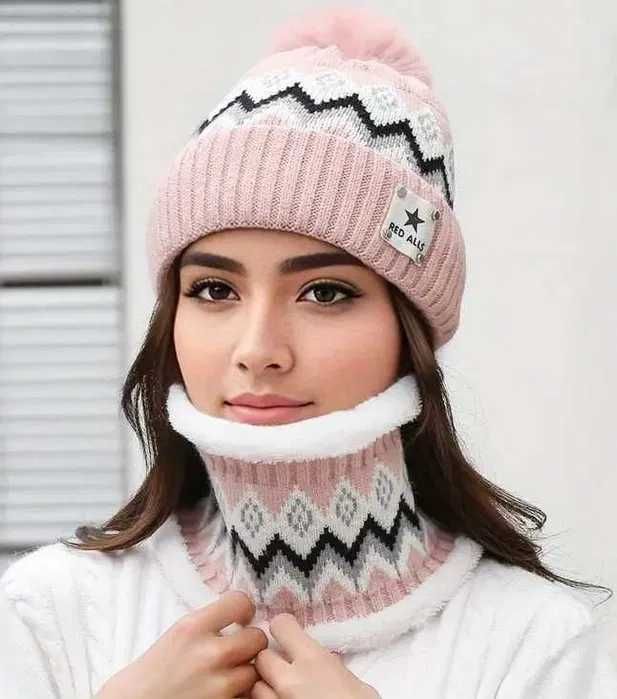 Nowy zimowy komplet czapka + komin pudrowy róż!!