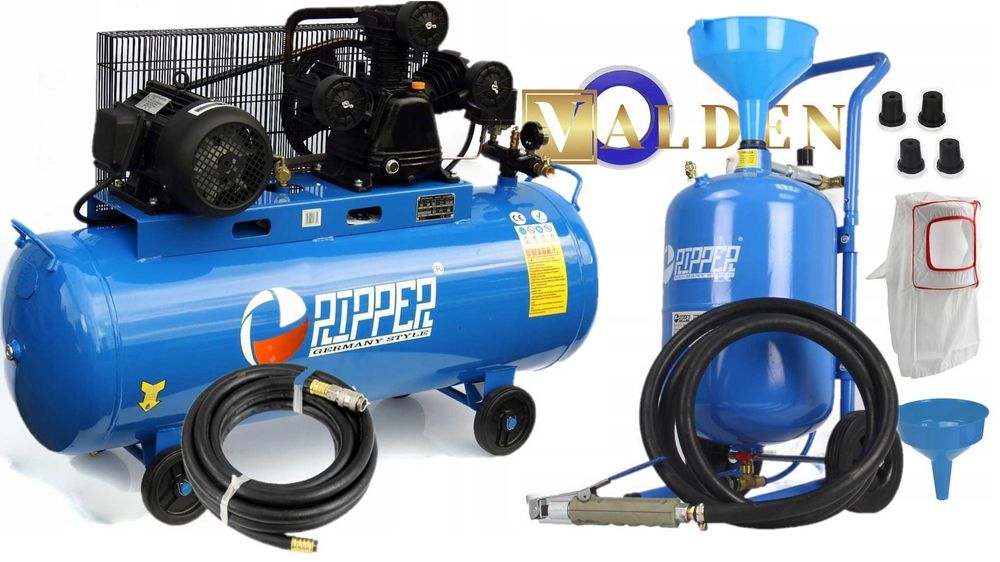 KOMPRESOR OLEJOWY sprężarka 150L 3 tłoki 400v+ PIASKARKA 19l + WĄŻ 10M