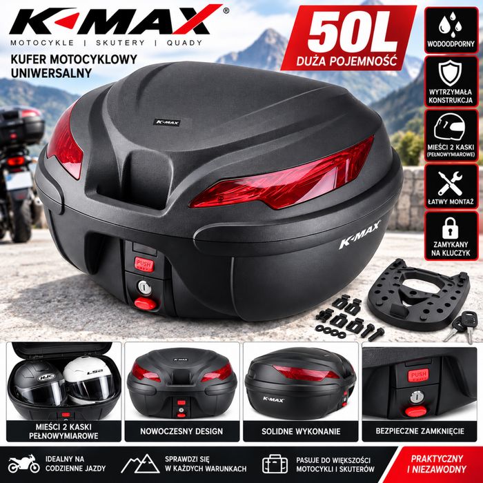Duży KUFER motocyklowy na 2 Kaski K-MAX 50L Płyta Pasy Wewnętrzne