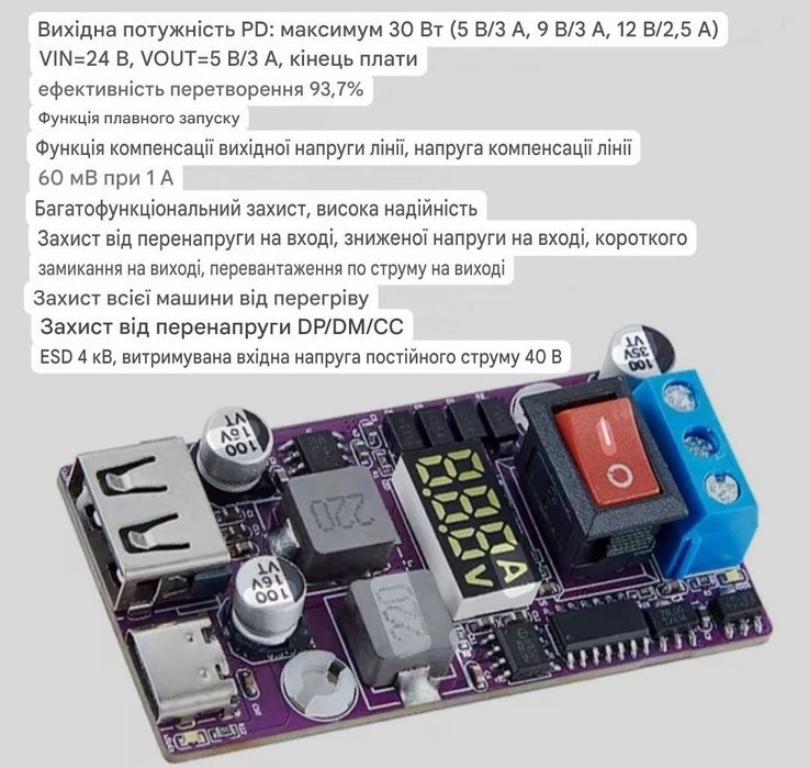 понижуючий перетворювач 12–24В, USB-A+USB-C PD/QC 30Вт швидка заряд