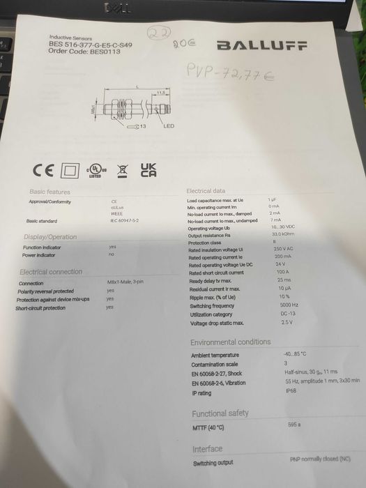 Sensor indutivo 8mm NC pnp 24vdc BALLUFF