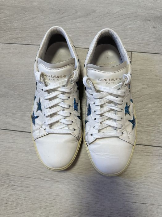кеди saint laurent 37  | Saint Laurent White/Blue Leather And Glitter Court Classic California Sneakers Size 37