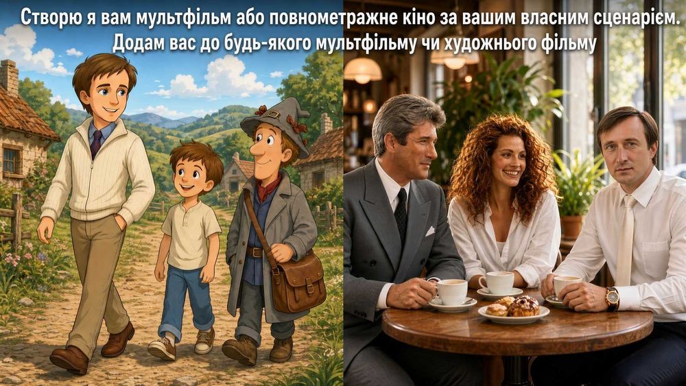 Зроблю фільм, мультфільм за вашим чи нашим сценарієм з Вами або з Вашими персонажами. Додам Вас у будь-який фільм чи мультфільм.