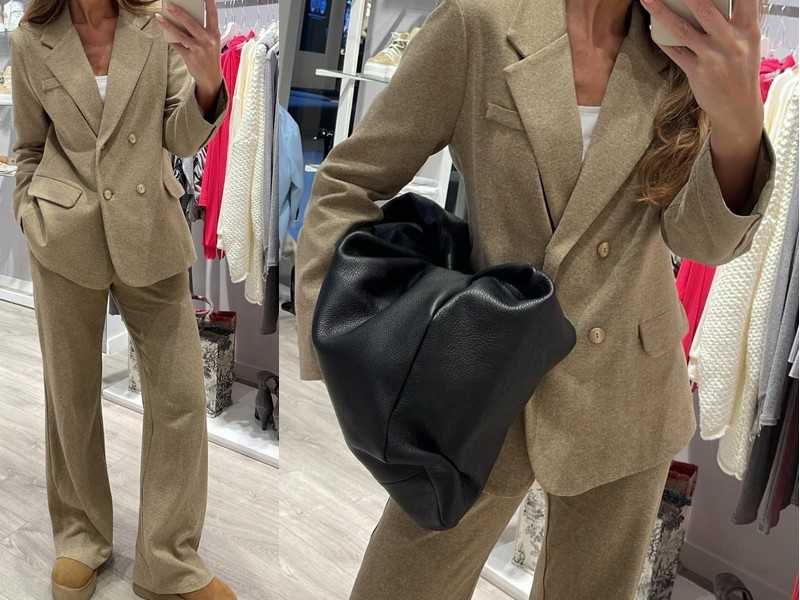 By o la la dzianinowy set garnitur bezowy żakiet szerokie spodnie