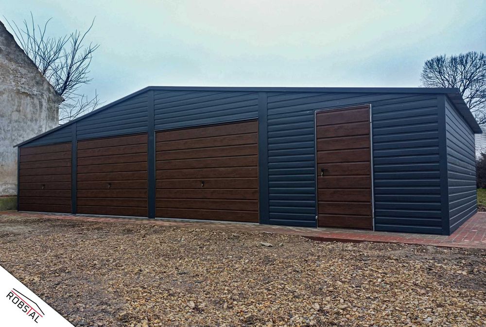 Garaż blaszany Wiata 12x6 3-stanowiskowy Grafit + orzech PREMIUM