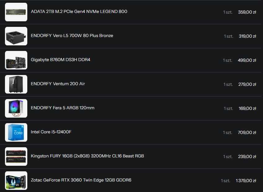 Komputer gamingowy i5-12400F / RTX 3060 12GB / 16GB / 2TB NVMe