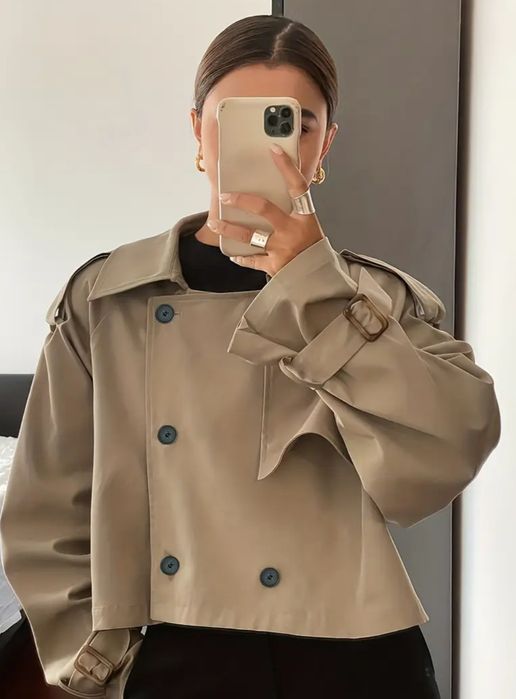 Вкорочений бежевий тренч тренчкот плащ укорочений тренч на підкладці