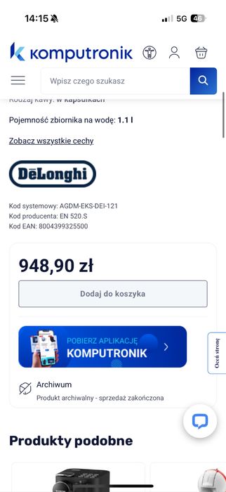 Ekspres kapsułkowy De'Longhi EN 520.S