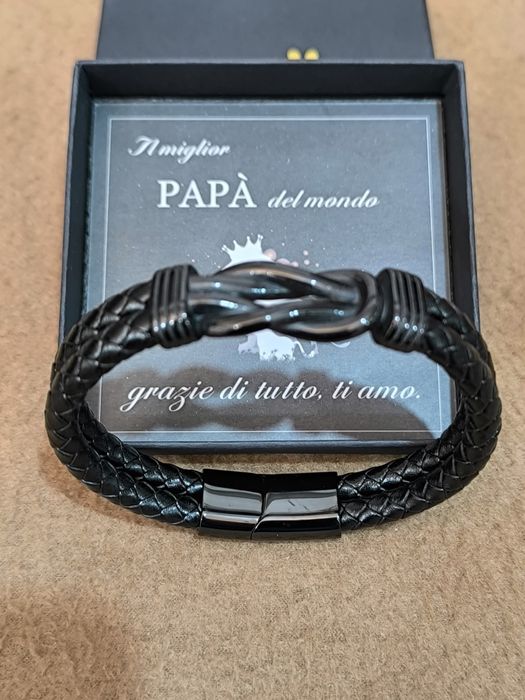 Pulseira de couro entrançado preta com fecho magnético