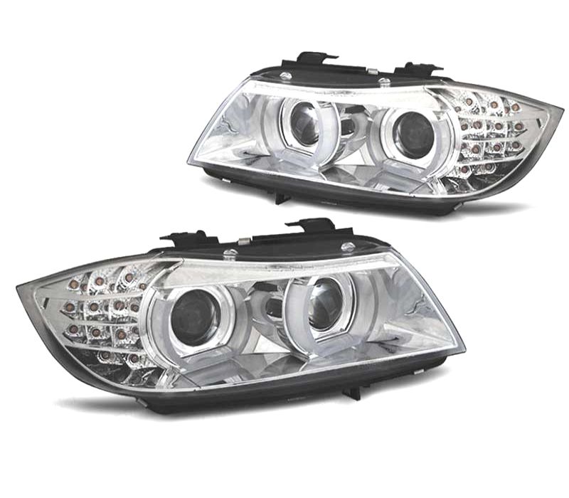 FARÓIS ANGEL EYES AFS U 3D XENON LED BMW E90 E91 LCI 08-12 FUNDO CROMADO
