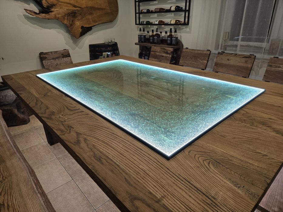 Stół drewniany dębowy jesionu szklany podświetlany Led krawędź