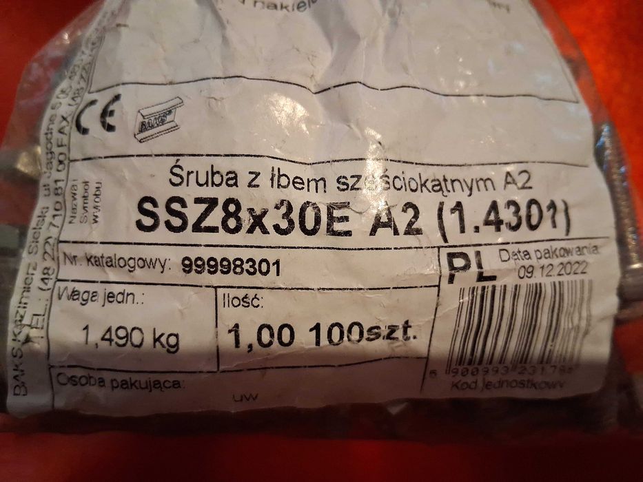 Śruba nierdzewna A2 8x30 1000szt