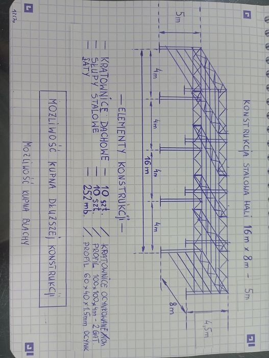 Konstrukcja wiaty stalowej 16mx8m-5m, komplet elementów.