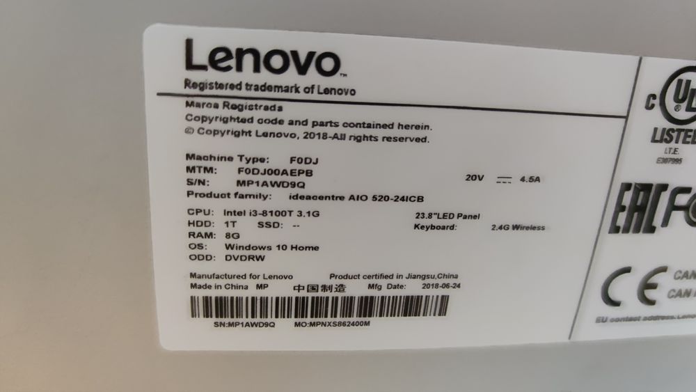 Lenovo AIO 520-24  i3-8100T/23,8” FHD/8GB/1TB HDD/Win 11 komis Tarnów