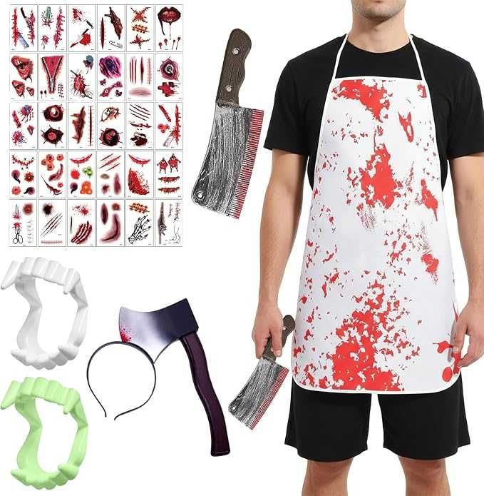 Kostium krwawy rzeźnik horror Halloween fartuch rekwizyty zęby tatua zestaw