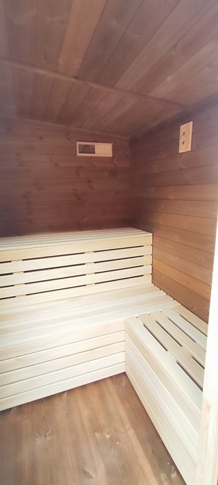 Sauna ogrodowa 215x215 cm | Modrzew | Termososna | Piec 6,8 kW BleBox
