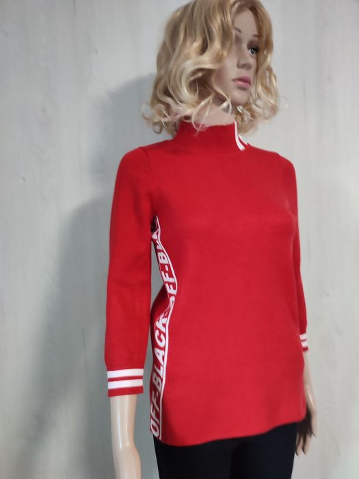 Sweter damski, czerwony, białe wstawki