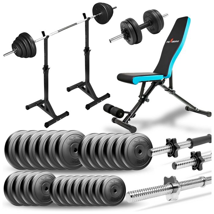 Zestaw kulturystyczny 143kg ławka do brzuszków stojaki sztanga hantle