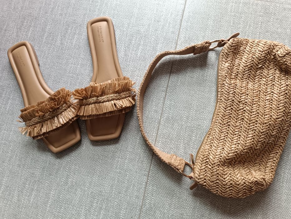 Zestaw klapki 39 torebka Primark Boho plecione natural