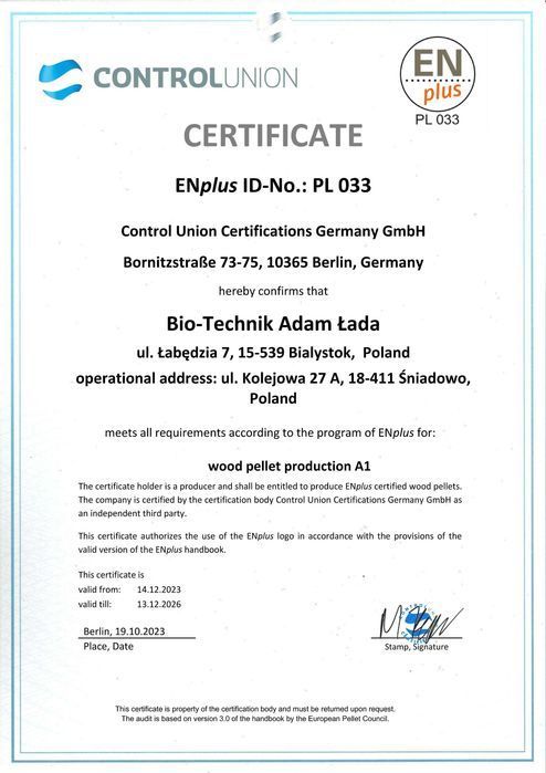 Pellet drzewny certyfikowany ENplus A1 Producent