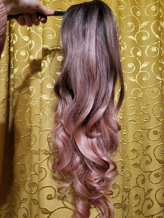 Парик розовый длинный локоны короткий русый волны кучери омбре челка