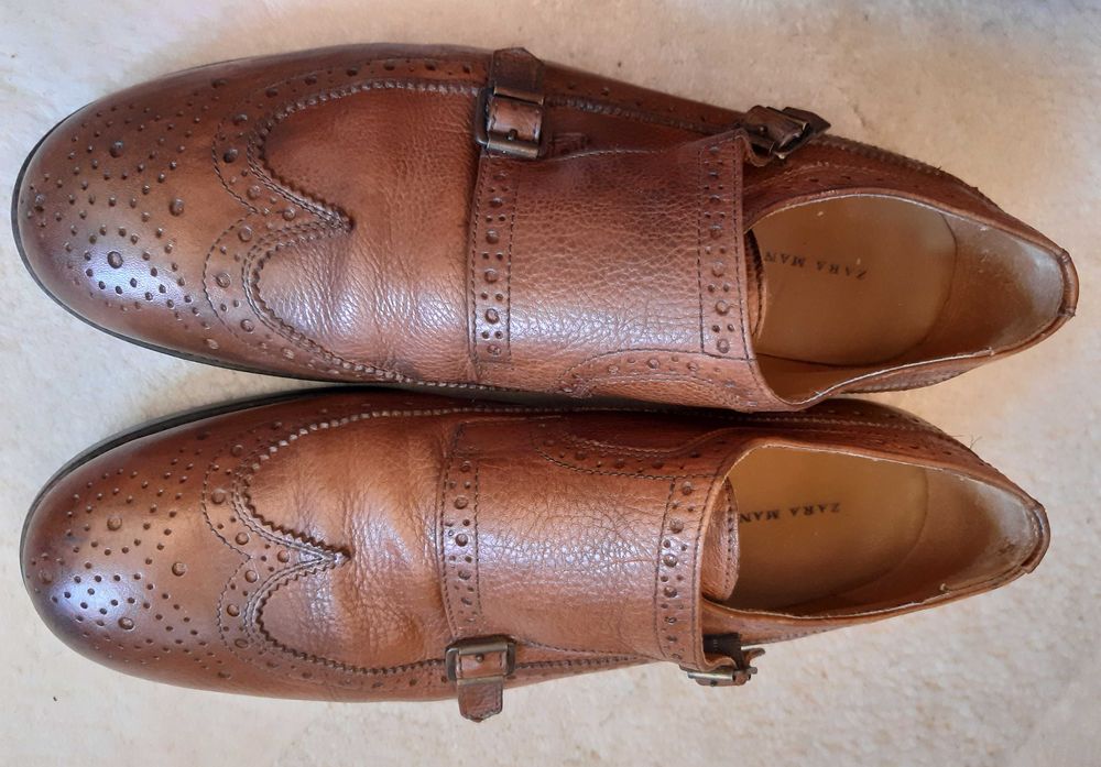 Portugalskie skórzane brązowe półbuty pantofle Zara Man, rozmiar 43