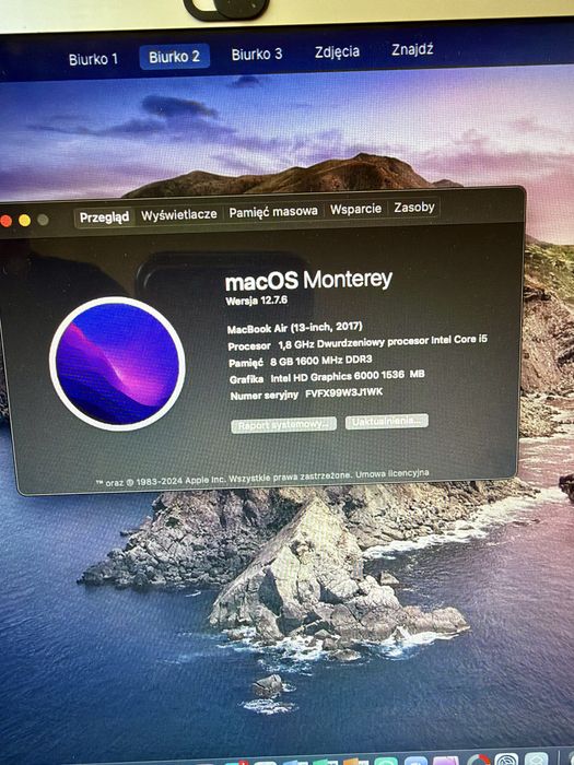 Macbook Air i5/8/512GB 2017r. + zasilacz + pudełko, idealny do pracy biurowej