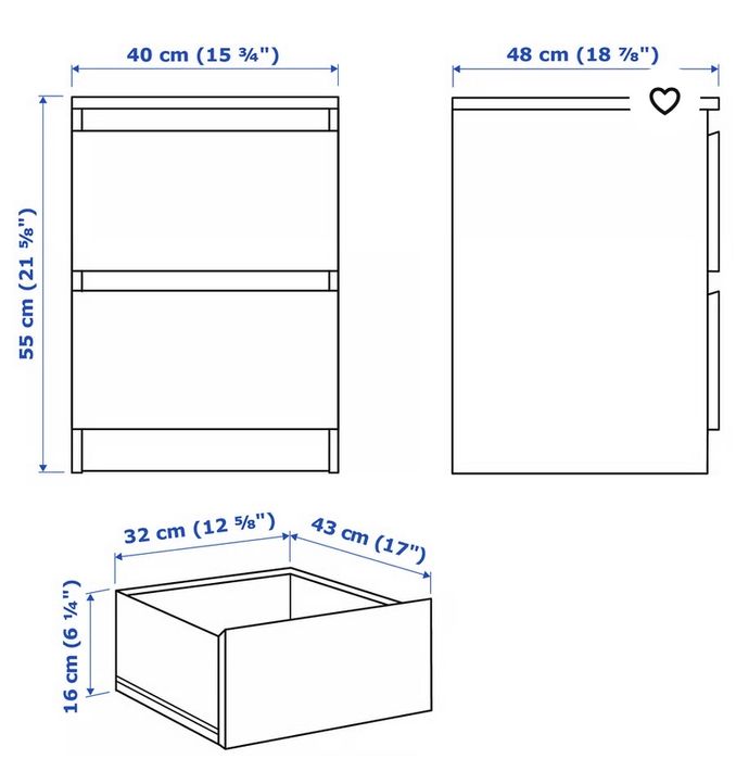 Cómoda c/2 gavetas, pret-cast, 40x55 cm