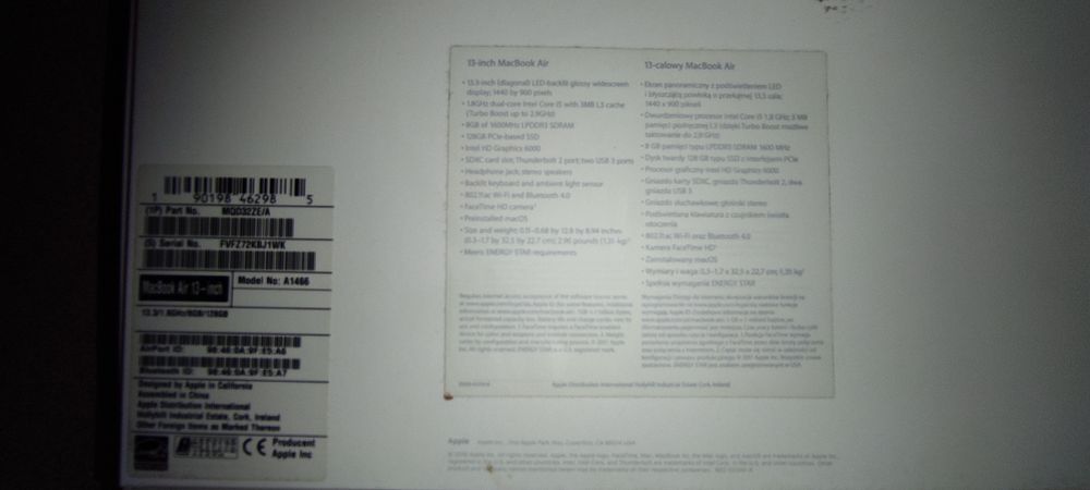 Apple MacBook Air i5 13" / 8GB / 128GB / JAK NOWY / 52 cykle ładowania