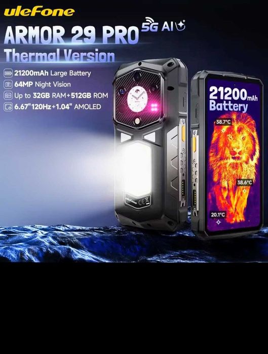Ulefone Armor 29 T Pro Thermal smartfon Version 5G AI 21200 mAh Mobile 120 W 64 MP Night Vision 6,67" 120 Hz AMOLED Dual