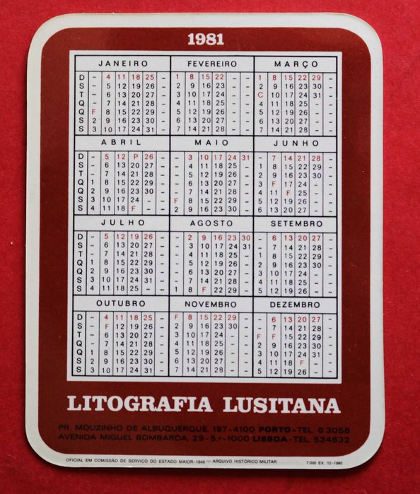 Oficial de Serviço no Estado Maior 1848 calendário de bolso de 1981