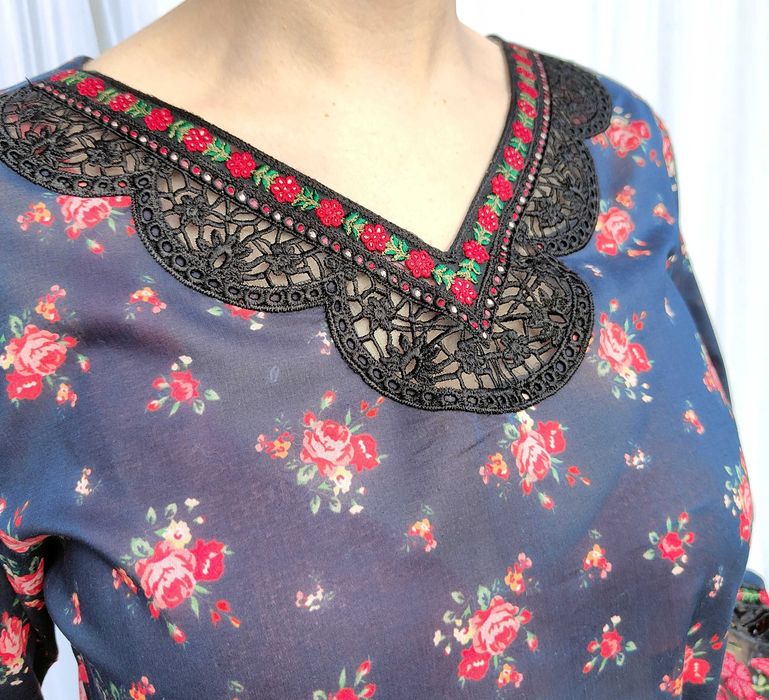 Komplet długa sukienka maxi spodnie M 38 bawełna czarna w kwiaty róże