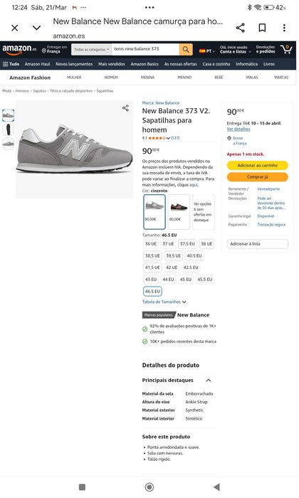 Tenis New Balance 373 original em cinza n 46.5
Novos a estre