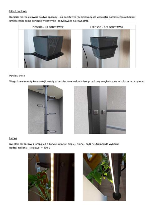 Metalowy kwietnik rozporowy - lampa led