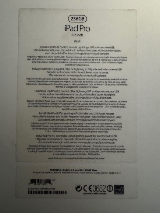 Apple iPad Pro 9,7" ,Ecrã Retina, Prateado, 256 GB, como novo.