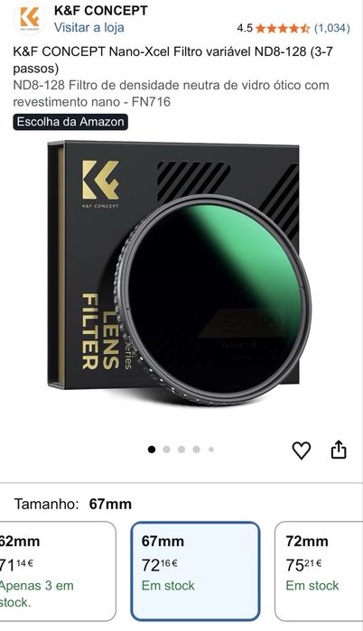 K&F Concept Nano-Xcel ND8-128 – Filtro ND Variável 67mm
