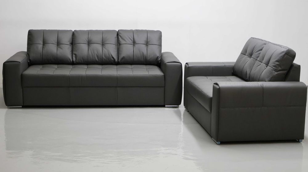 Popielaty KOMPLET 3+2 sofy kanapy zestaw SKÓRA naturalna Madras 6492, do salonu do poczekalni, nowe, wygodne