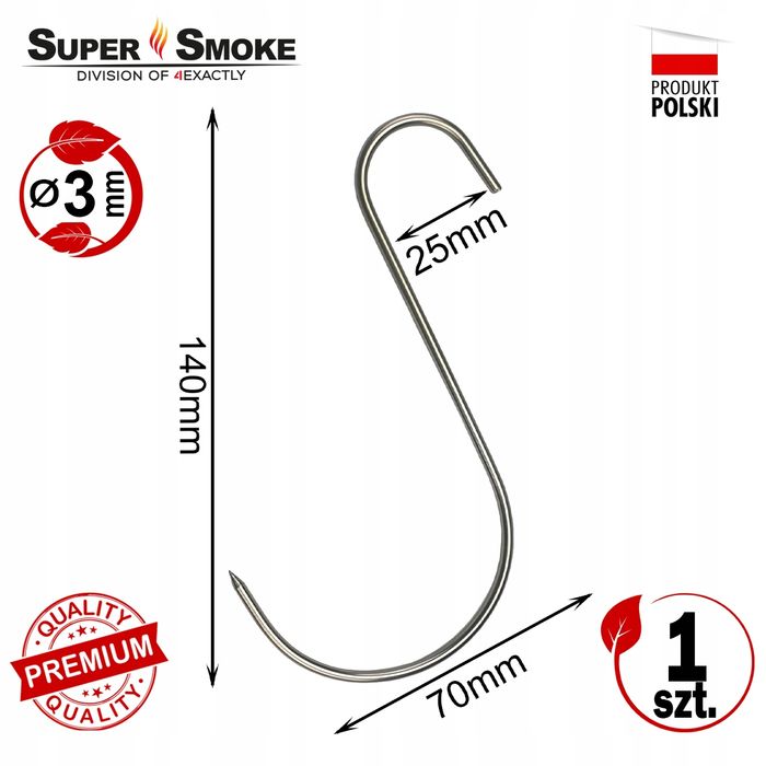 Hak Wędzarniczy Super Smoke typu "S" do mięs wędlin 3mm 15cm Premium