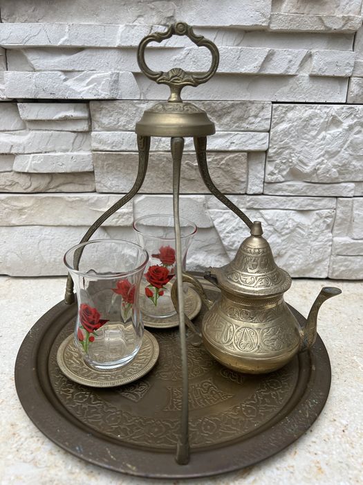 Stary mosiężny arabski zestaw do herbaty czajnik taca z mosiądzu