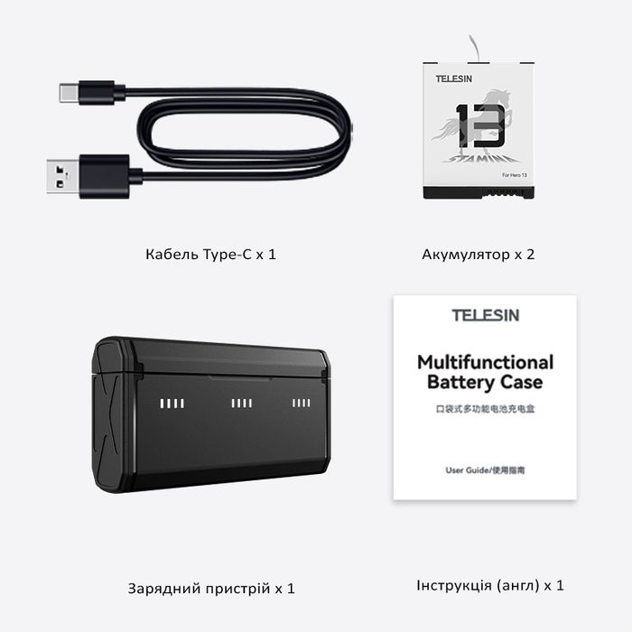 Комплект TELESIN для GoPro 13 – два морозостійких АКБ, швидк. зарядний