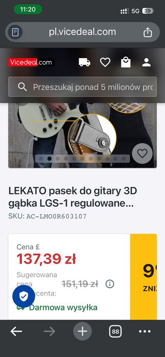 LEKATO pasek do gitary 3D gąbka LGS-1 regulowane