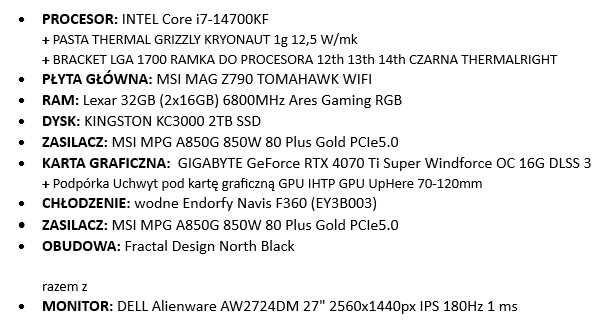 Komputer z monitorem! PC Gamingowy/dla grafika/ do pracy i7-14700KF | MSI MAG Z790 | KC3000 2TB SSD | RTX 4070 Ti Super Windforce | DELL AW2724DM 27"